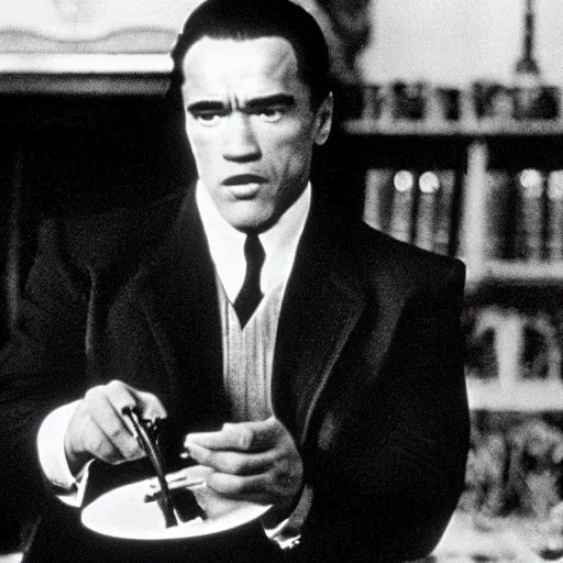 Prompt: film still of arnold schwarzenegger as vito corleone