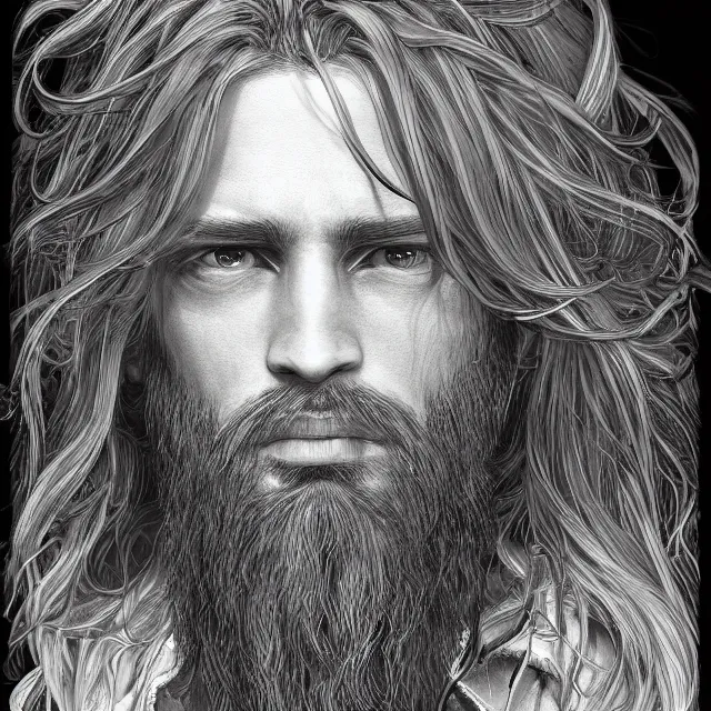 Prompt: the portrait of man with long hair and beard, an ultrafine hyperdetailed illustration by kim jung gi, irakli nadar, detailed faces, intricate linework, bright colors, octopath traveler, final fantasy, unreal engine 5 highly rendered, global illumination, radiant light, detailed and intricate environment