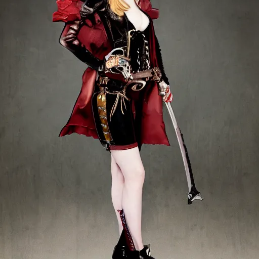 Image similar to full body photo of emma stone as a steampunk vampire warrior