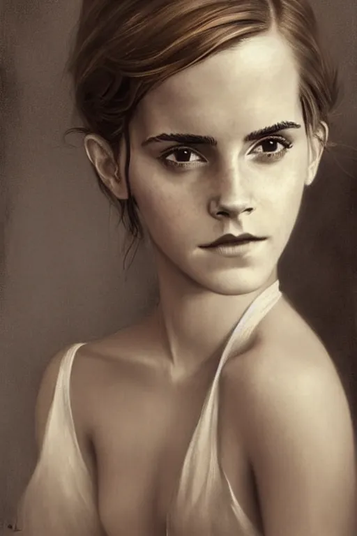 Image similar to emma watson gathered faille v - neck detailed portrait painting by gaston bussiere craig mullins j. c. leyendecker award winning photograph photorealsitic octane render photograph by richard avedon peter lindbergh monochrome studio lighting