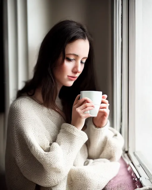 Image similar to a cozy photograph of a pretty french girl with dark hair, wearing a loose oversized white sweater, cuddled up by a windowsill looking at the camera over her mug of hot tea. dramatic lighting, fantasy, intricate, elegant, highly detailed, lifelike, photorealistic, Sigma 1.6, 50mm, bokeh, HDR, high resolution, artstation, concept art, smooth, sharp focus, art by John Collier and Albert Aublet and Krenz Cushart and Artem Demura and Alphonse Mucha