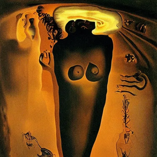 Prompt: goddess in dark cave, salvador dali style