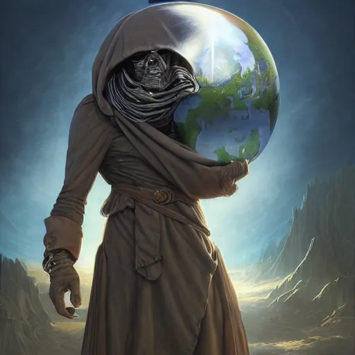 Image similar to masked nomad male wearing a cloak on an alien world and holding a holographic planet projection in his hand, detailed, sci - fi, digital painting, artstation, sharp focus, illustration, ominous, artgerm, tomasz alen kopera, peter mohrbacher, donato giancola, joseph christian leyendecker, wlop, frank frazetta