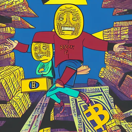 Image similar to people running away scared from a giant with bitcoin head, pop art, high detailed, 8k