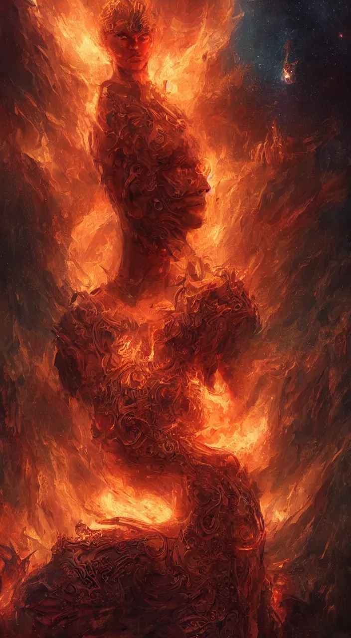 Image similar to full body concept art of human made with fire sparks by Marc Simonetti + beautiful eyes, beautiful face + symmetry face, symmetry body + border and embellishments inspiried by occult insignia, fire in the background, galaxy + highly detailed, intricate complexity, epic composition, magical atmosphere + masterpiece, award winning + trending on artstation