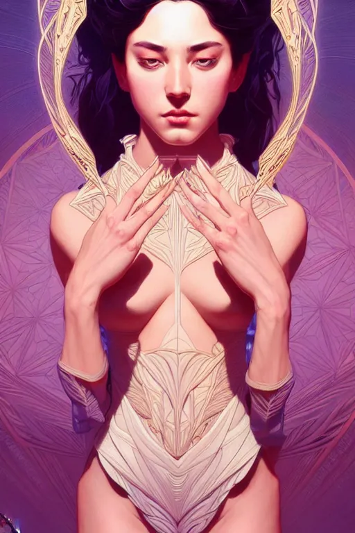 Prompt: symmetry!! intense fanart of 4 / 4 full front pose of a young sensual chaos goddess, protagonist, intricate, elegant, highly detailed, my rendition, digital painting, artstation, concept art, perfect, smooth, sharp focus, illustration, art by artgerm, kilian eng, greg rutkowski and alphonse mucha