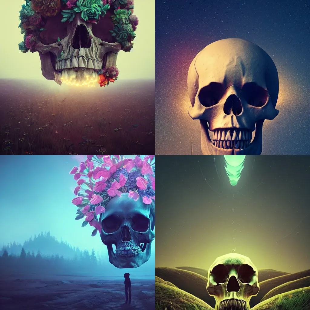 Image similar to beautiful dark landscape, giant skull with beautiful flowers growing in the style of beeple and Mike Winkelmann, intricate, epic lighting, cinimatic composition, hyperrealistic, 8k resolution,