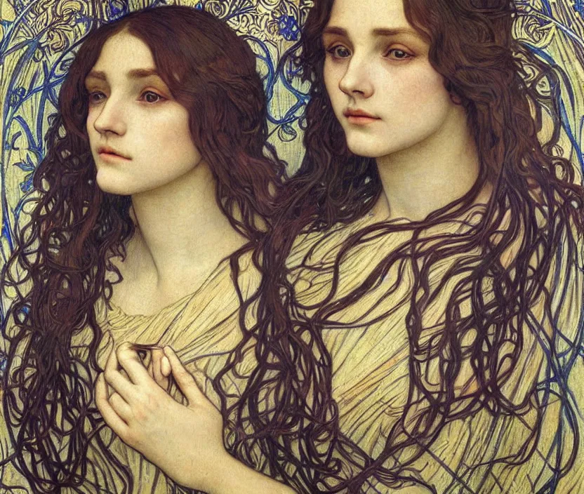 Image similar to detailed realistic beautiful young medieval queen face portrait by jean delville, alphonse mucha, vincent van gogh, and marco mazzoni, art nouveau, symbolist, visionary, gothic, pre - raphaelite