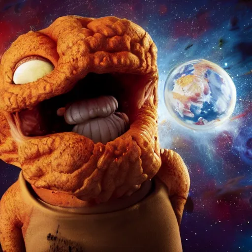 Image similar to eldritch horror bloody garfield in space, hd, 8 k, giant, epic, realistic photo, unreal engine, stars, prophecy, powerful, cinematic lighting, destroyed planet, debris, violent, sinister, ray tracing, dynamic, epic composition, dark, horrific, teeth, grotesque, scary, monochrome drawing