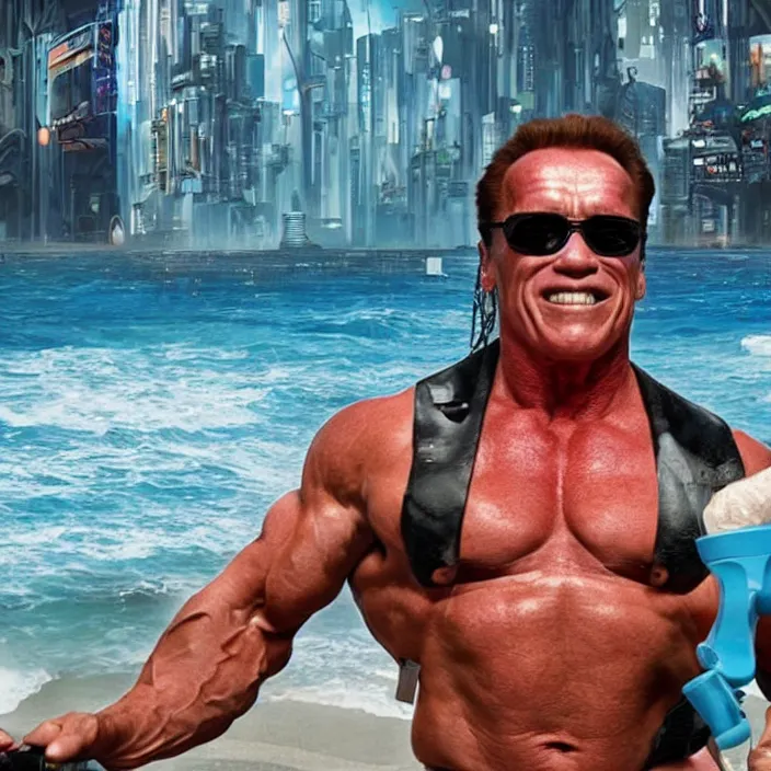 Image similar to arnold schwarzenegger having fun at a cyberpunk beach, futuristic cyberpunk, detailed photo