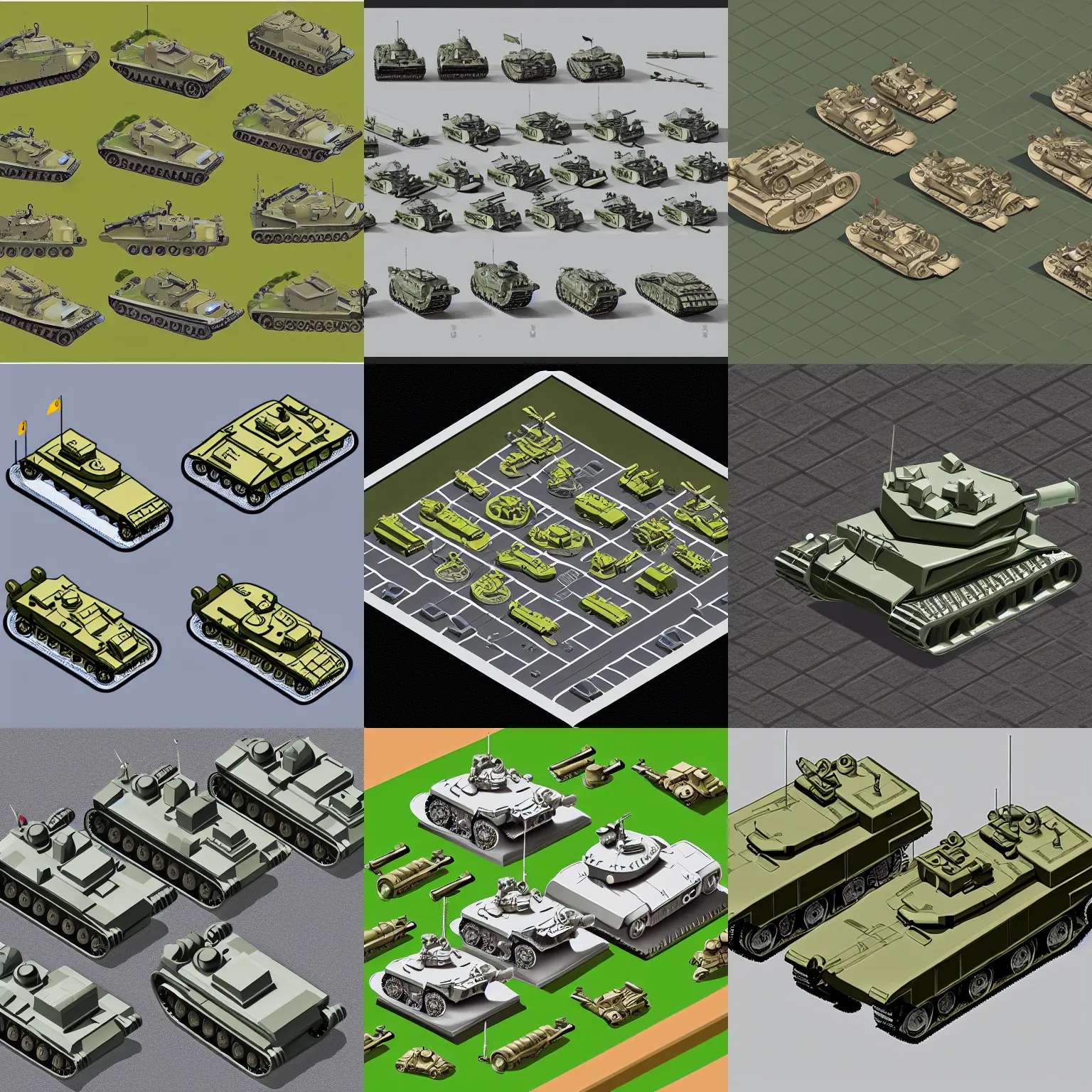 Prompt: isometric view of army tanks