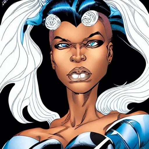 Prompt: Portrait of Ororo Munroe, a beautiful black woman in her 30s, with white hair and piercing blue eyes, symmetrical face, detailed face, gentle face, kind expression, heroic, graphic novel, art by Chris Bachalo and Alan Davis,