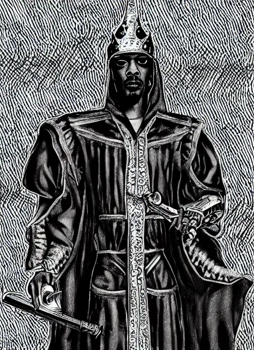 Image similar to Snoop Dogg as a knight, highly detailed, black and white, manga, art by Kentaro Miura