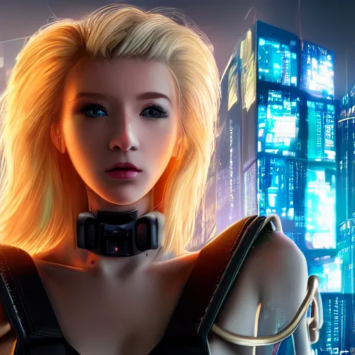 Image similar to panorama of a pretty blond cyberpunk seraphim in a machine city, perfect symmetrical face, cute face, 8 k, shallow depth of field, 8 k, ultra high detail, concept art, w 1 0 2 4