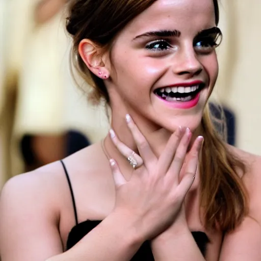 Image similar to A photo of laugh emma watson show wedding ring on his fingers. 50 mm. perfect ring. award winning photography