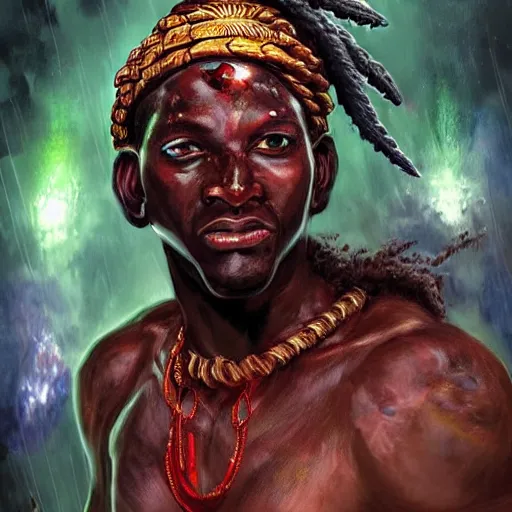 Prompt: shango, african god of thuder with electric eyes, violent thunderstorm!!, dim light, front game card, marvel comics, dark, intricate, highly detailed, smooth, artstation, digital illustration, unreal engine 5, by jeff easley and mandy jurgens and artgerm and wayne barlowe and greg rutkowski and tim hilderbrandt