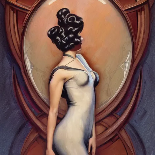 Prompt: a streamline moderne, ( art nouveau ), ( ( dieselpunk ) ) painting in the style of charlie bowater, and in the style of donato giancola, and in the style of charles dulac. symmetry, smooth, sharp focus, hyperrealism, intricate symmetrical ultrafine background detail.