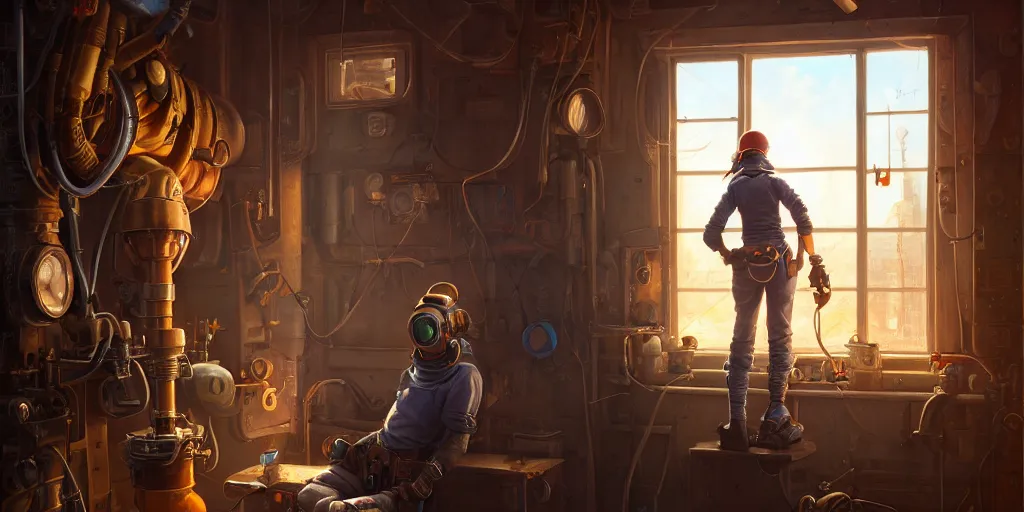 Image similar to highly detailed portrait painting of welder and angelina joile, room mono window, by eddie mendoza and tyler edlin, 8 k resolution