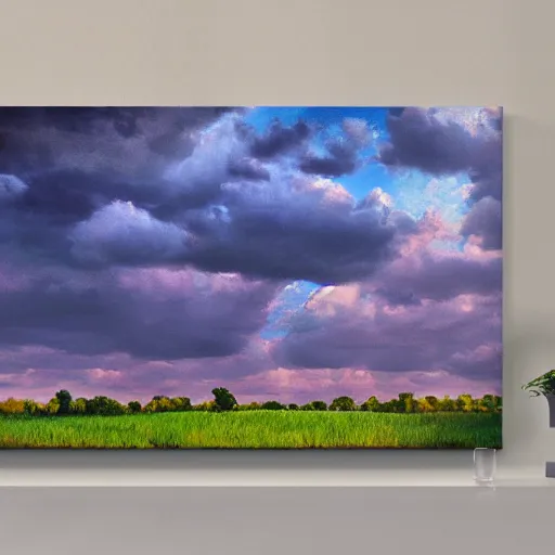 Prompt: realistic panting of a desk on a purple field blue clouds