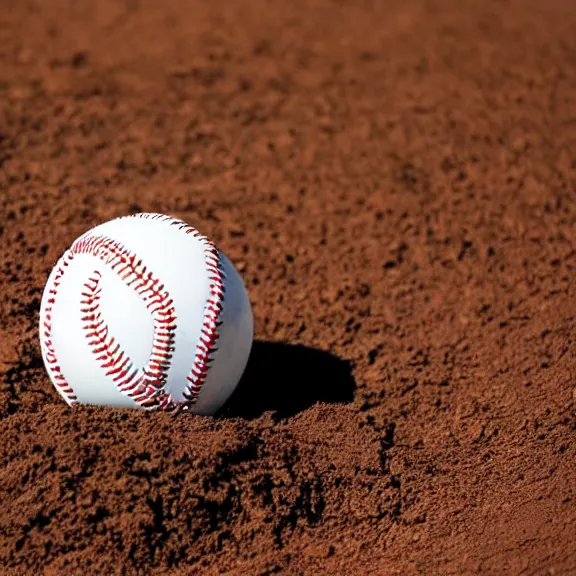 Image similar to a 4 k photorealistic photo close up of a baseball laying in the dirt