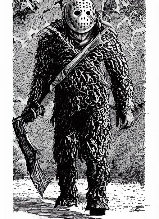 Image similar to jason voorhees as a D&D monster, full body, pen-and-ink illustration, etching, by Russ Nicholson, DAvid A Trampier, larry elmore, 1981, HQ scan, intricate details, Monster Manula, Fiend Folio