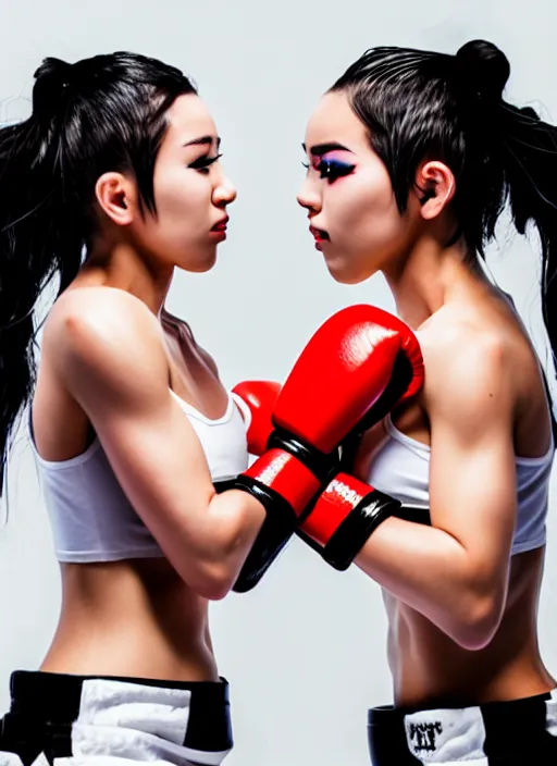 Prompt: two beautiful female fighters with bunned hair taunting each other, white top, dim lighting, gorgeous features, smooth, detailed anime art