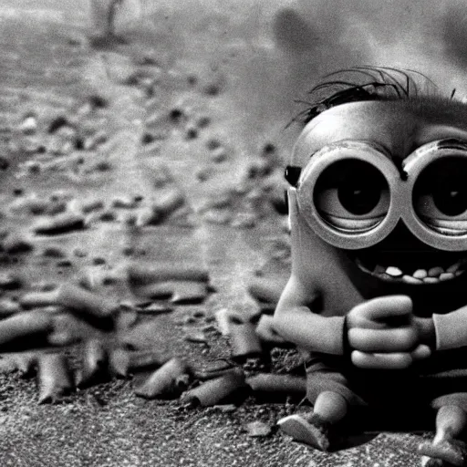 Image similar to A minion suffering from shell shock during world war 2, award-winning photograph