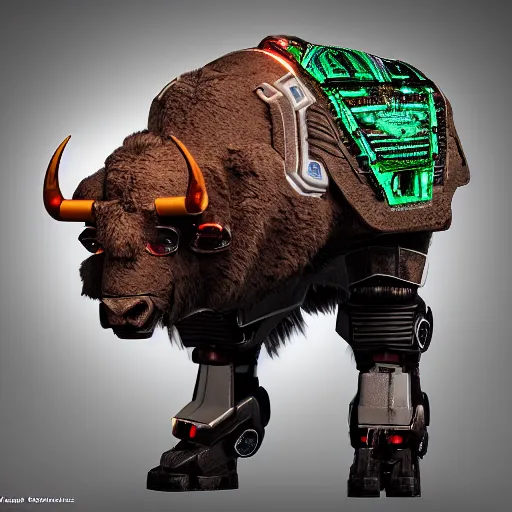 Image similar to a cybertronic bison, leds, high detail, sharp, studio, digital art, octane render