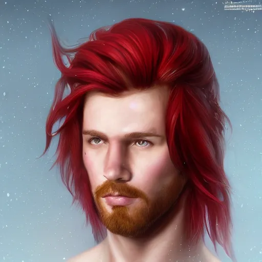 Image similar to portrait of a handsome male ship captain with long red hair!!!!!!, 30 years old, bashful, upper body, ethereal, muscular, friendly, playful, D&D, hairworks, Unreal 4, fantasy, elegant, highly detailed, digital painting, hairworks, deviantart, artstation, concept art, sharp focus, dramatic lighting, illustration, art by Artgerm and Greg Rutkowski and Alphonse Mucha