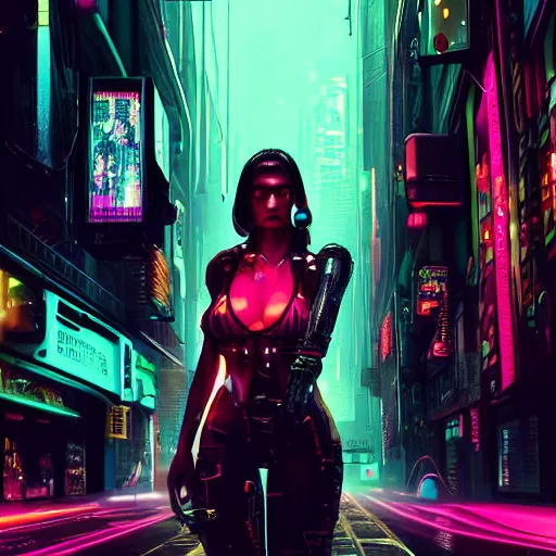 Image similar to ultra realistic and intricate detailed photograph of a cyberpunk woman in streets, neon, cyberpunk, technology, innovation, bright modern style, blade runner, artstation, unreal render, depth of field, ambient lighting, award winning, stunning