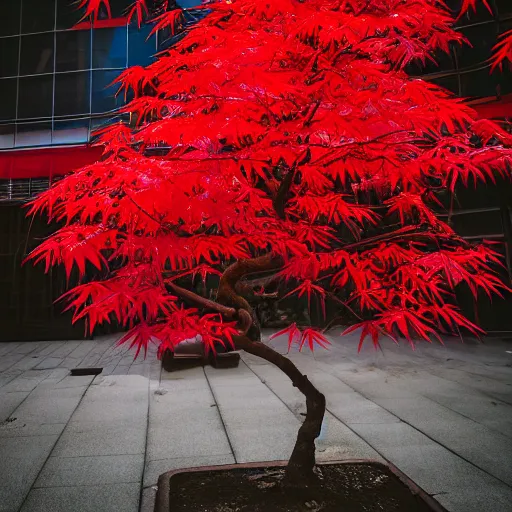 Image similar to a single red japanese maple in a dystopian city