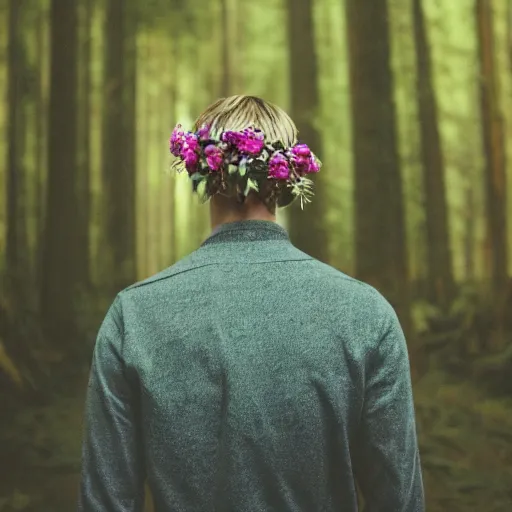 Image similar to kodak portra 4 0 0 photograph of a skinny blonde guy standing in a dark forest, back view, flower crown, moody lighting, telephoto, 9 0 s vibe, blurry background, vaporwave colors, faded!,