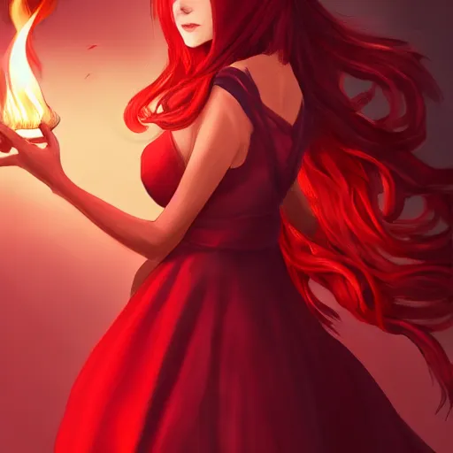 Image similar to a goddess with red hair and red dress with a fire aura, trending on artstation