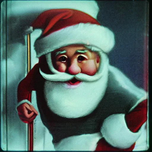 Image similar to a grainy photo of santa claus climbing down a chimney at night, shot with an old polaroid camera, grainy vhs texture 4 k, realistic, unreal engine 5, sharp details, 3 0 0 dpi