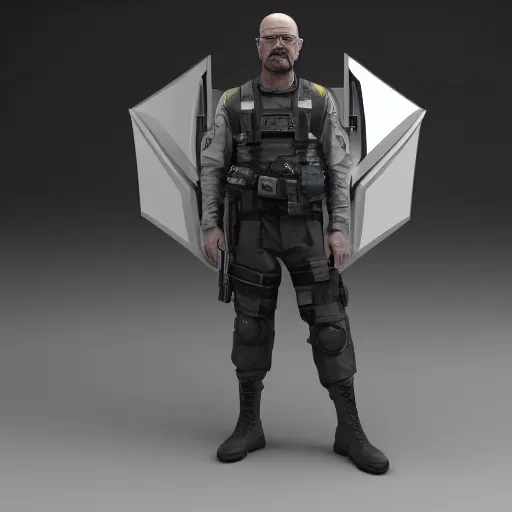 Image similar to Walter White wearing heavy modern military gear and holding a bulletproof shield, highly detailed, 8k octane render