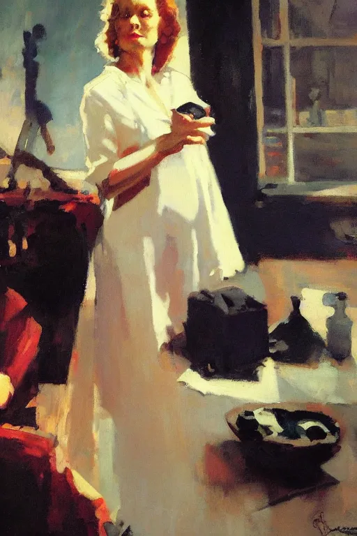 Image similar to your mother in a darkened room, painted by tom lovell frank schoonover dean cornwell mandy jurgens everett raymond kinstler