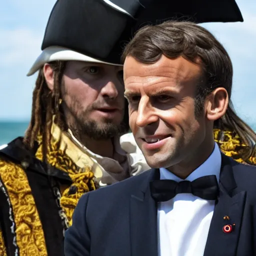 Image similar to emmanuel macron in pirates of the caribbean movie, full body shot, highly - detailed, sharp focus, award - winning