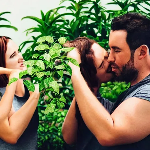 Image similar to a couple with plants growing out of their heads watering each other