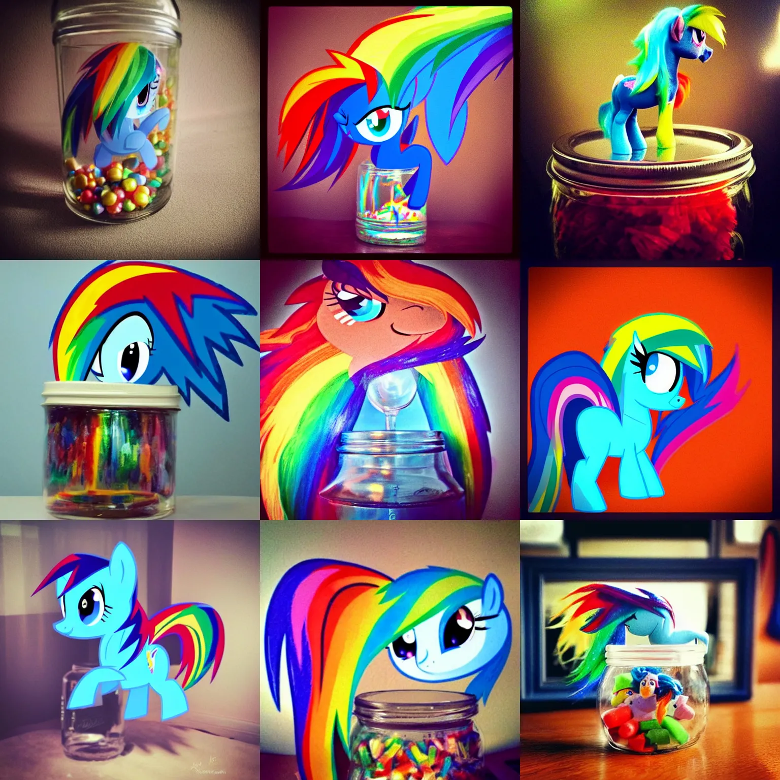 Prompt: Rainbow Dash | Ponies in real life | omg I took this photo of this pony in my living room | Instagram Photo, Rainbow Dash in a jar