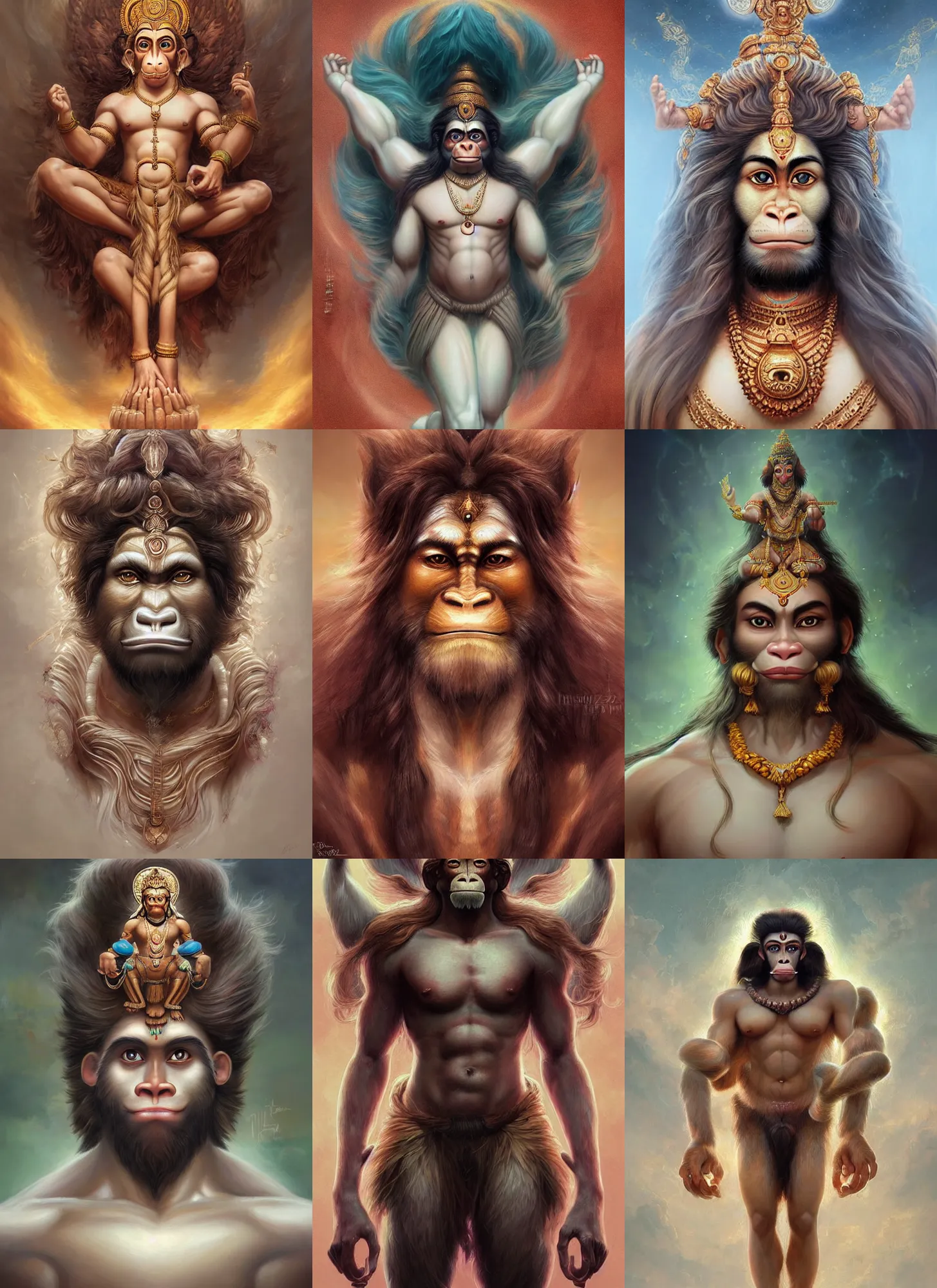 Prompt: a full body portrait of beautiful ornated hanuman god with flowing medium hair, soft facial features, kind!! appearence, digital art by ross tran, krenz cushart and artem demura, symmetrical body, artgerm, portrait, muted color scheme, highly detailed, outrun art style