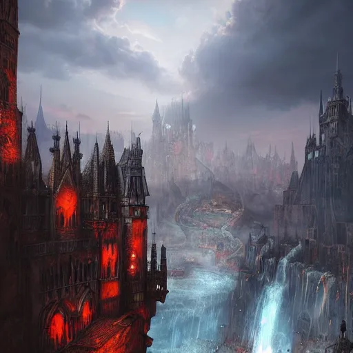 Prompt: beautiful fantasy city made from black stone and red iron, medieval city, metropolis, magic, waterways, waterfalls, dark gorgeous clouds, black marble, lava,, digital art, landscape, fantasy art, octane render, unreal engine, high detail, very realistic, by greg rutkowski. by james gurney