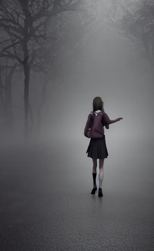 Prompt: school girl walking, gloomy and foggy atmosphere, octane render, cgsociety, artstation trending, horror scene, highly detailded