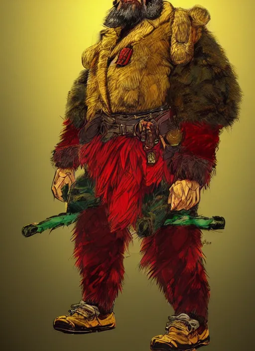 Image similar to Full body portrait of an old muscular man with blonde hair and beard wearing bear skin and red, green and gold jacket. In style of Yoji Shinkawa and Hyung-tae Kim, trending on ArtStation, dark fantasy, great composition, concept art, highly detailed.