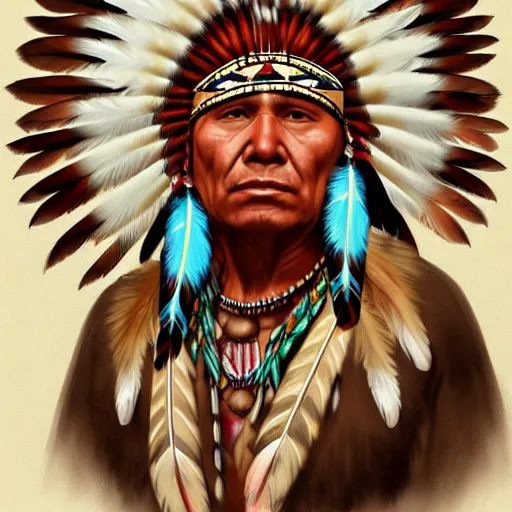 Prompt: painting portrait of a native american wearing a eagle feather headdress, artstation, ultra detailed, tinted brown