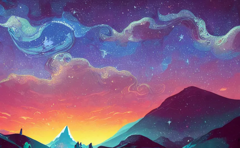 Image similar to mountains, stars and paisley filled sky, artstation, intricate, highly detailed, digital painting, concept art, sharp focus, illustration by Megan Duncanson and James Gilleard