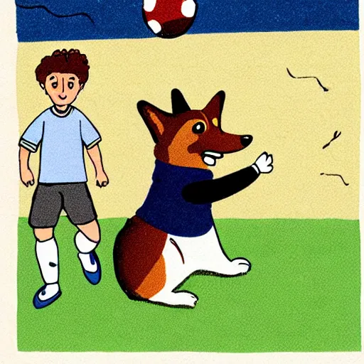 Image similar to illustration of french boy in paris playing football against a corgi, the corgi is wearing a polka dot scarf