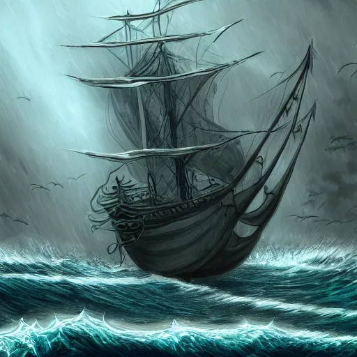 Prompt: biology sea monster sailing ship deep dark sea, highly detailed, digital painting, smooth, sharp focus, illustration, artstation