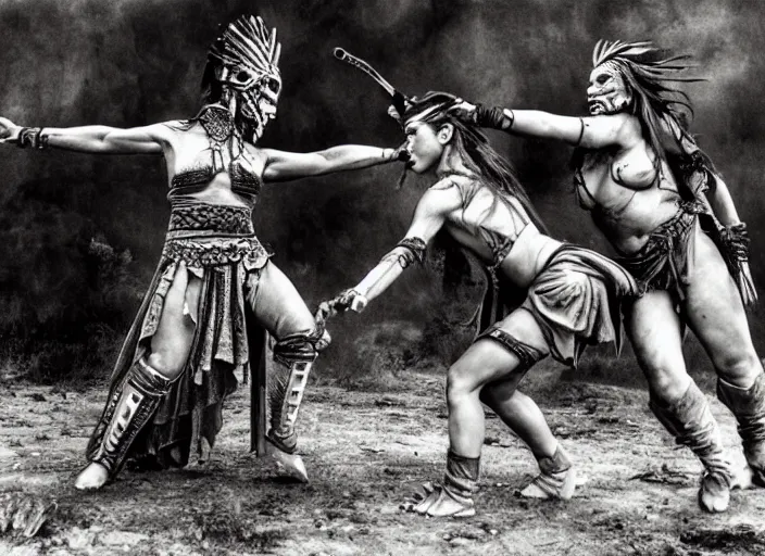 Image similar to movie, ancient Battlefield, two beautiful aztec warrior females fight, epic ,old photo, vintage, black and white, Boris vallejo, sepia, apocalypto