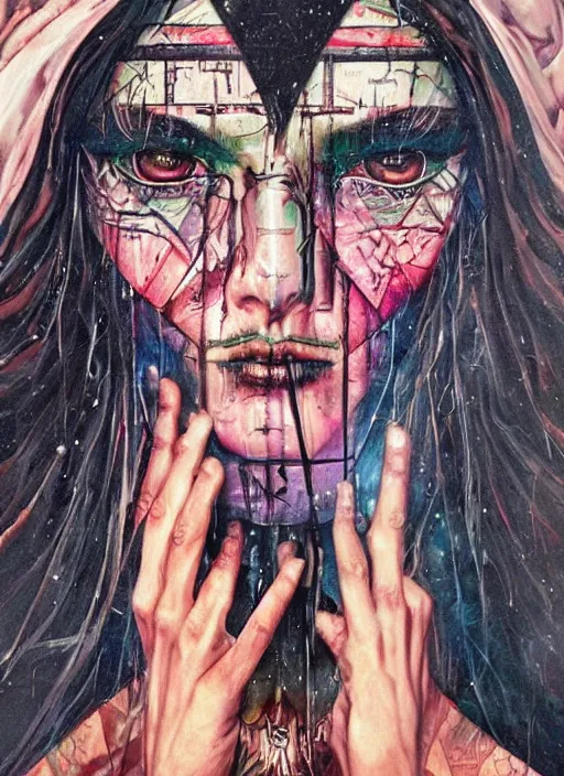 Image similar to beautiful tripping cult magic psychic woman, subjective consciousness psychedelic, epic occult ritual symbolism story iconic, dark robed witch, oil painting, robe, symmetrical face, greek dark myth, by Sandra Chevrier, Johanna Martine, masterpiece