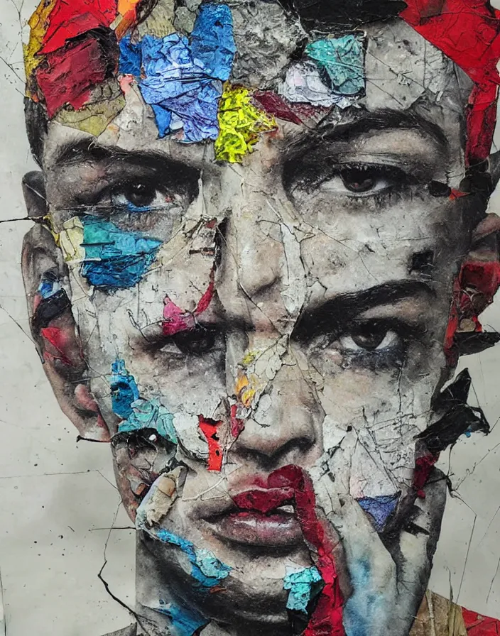 Prompt: double coloured depressed boy in law detailed analogue mixed media collage with canvas texture in style of contemporary art, punk art, hyperrealistic beautiful face, photorealistic, expressionism, masterpiece, perfect composition, spectacular quality torn paper, intricate oil details, broken glass